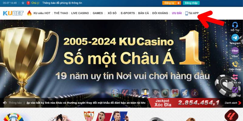 Bấm chọn "Tải app" trên trang chủ Kubet